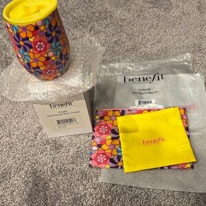 Benefit Colorful Floral Tumbler with Yellow Lid and makeup bag set